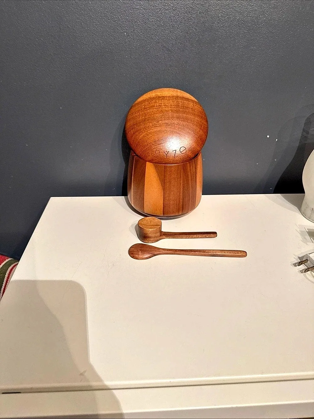 RYZE Wooden Salt Cellar with Spoon Set in Brown